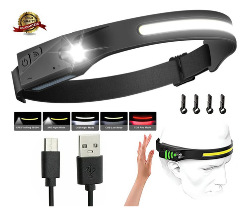 Lámpara De Cabeza Led Cob Recargable-usb Con Sensor Imperme Color de la luz Negro