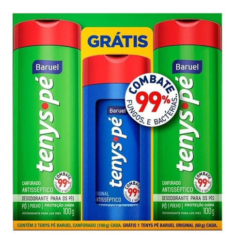 Imagem 1 de 2 de Talco Tenys Pé Verde Baruel Kit C/3 Unidades Original Full