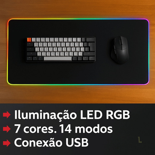 .mousepad Gamer Grande Com Led Rgb 80x30cm Antiderrapante.
