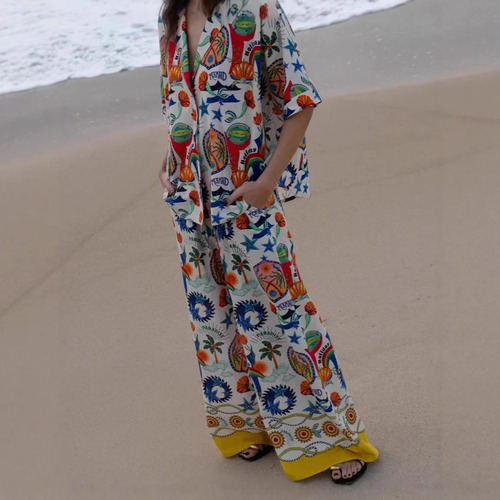 Traje De Lino Filiduo Con Estampado De Plantas Y Flores, Oto