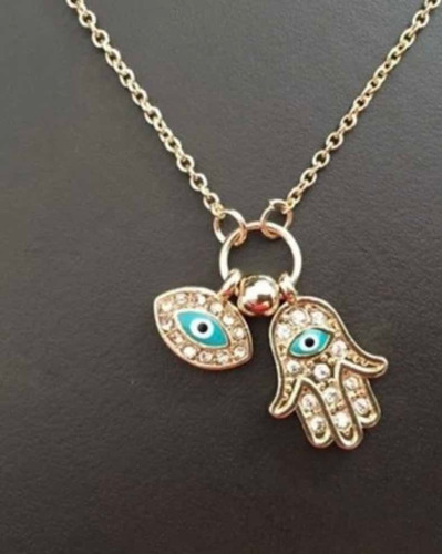 Collar Triple Dije Mano De Fatima Ojo Turco Y Turquesa