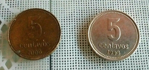 Dos Monedas De 5 Centavos Años 1993/2008 Con Detalles X Un.