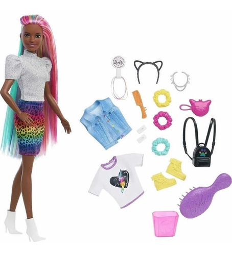 Boneca Barbie Negra Leopard Reinbow Hair Mattel 14 Peças