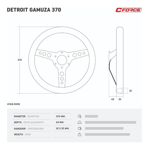 Imagen 2 de 4 de Volante Deportivo Collino Detroit 370 Mm Tapizado Cuero A12