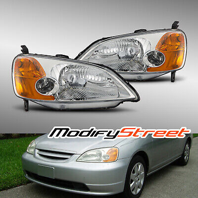 Fit 2001-2003 Honda Civic Chrome Clear Lens Headlights P Llc