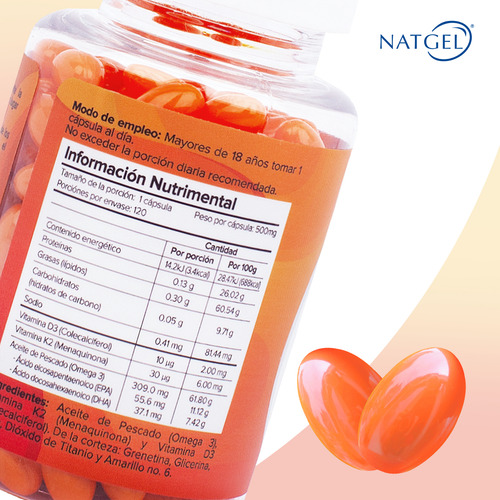Vitamina D3 + K2 Y Omega 3 De 500 Mg | 120 Softgels | Natgel