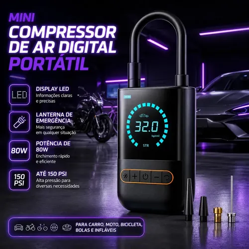 Compressor de Ar Portátil Blackone 150 psi Bateria 4000mah Para Veículos