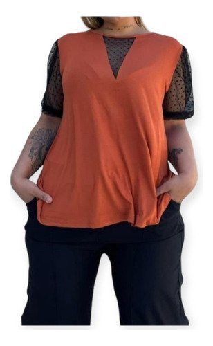 Blusa Con Detalle De Tul En El Escote Y Manga Talles Grandes