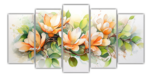 150x75cm Set 5 Canvas Magnolias Flowers Green And Orange Col