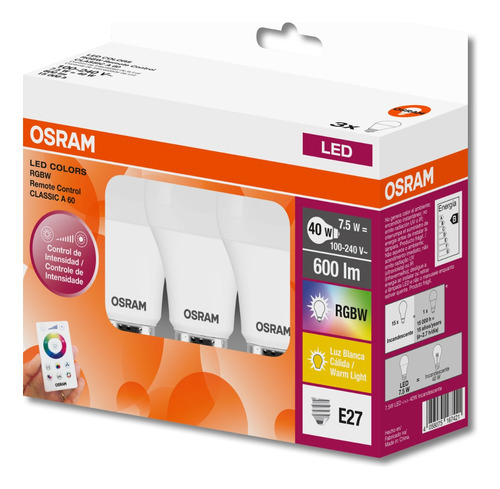 Lámpara Led Osram 7.5w Rgb Dimerizable C/control E27 X3 - E. A