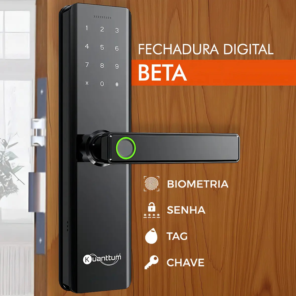 Fechadura Digital Kuanttum Beta De Embutir Com Biometria, Senha E Rfid Para Porta De Madeira Preto