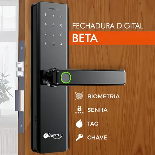 Fechadura Digital Kuanttum Beta de Embutir com Biometria, Senha e RFID para Porta de Madeira