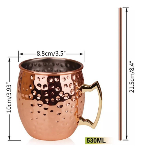 . 4 Tazas De Cobre Martilladas Moscú Con 4 Pajitas De Cobre