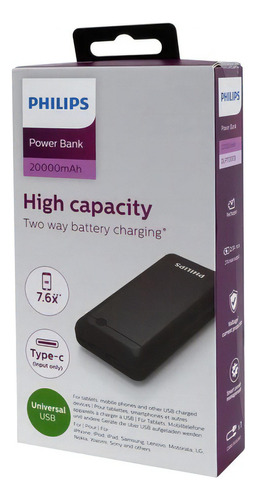 Powerbank Philips 20000 Mah Modelo Dlp1720cb Color Negro