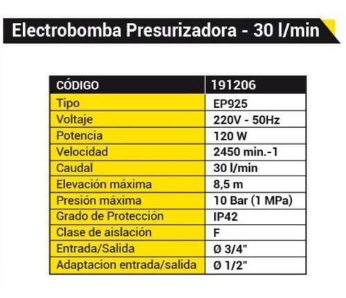 Bomba Presurizadora Elevador Presion Bta 30l/m 8.5 Mts 120w