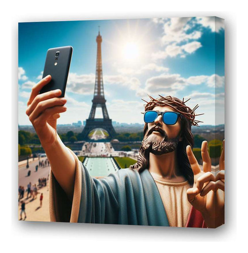 Cuadro 30x30cm Jesus Vacaciones Paris Cool Selfie Dios