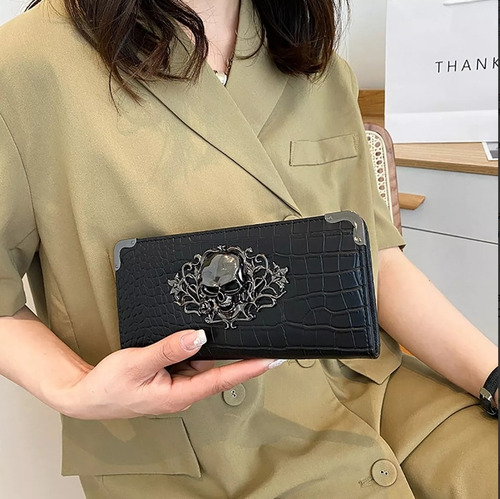 Cartera Larga Calavera Con Cremallera Estilo De Cuero
