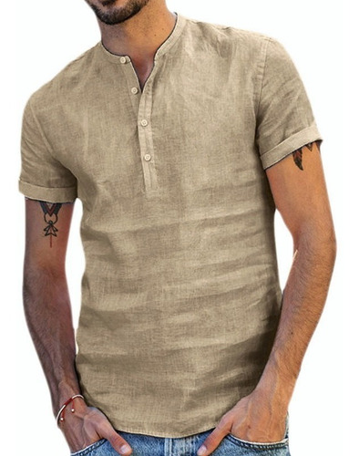 Camisa De Manga Corta De Lino Y Algodón Para Hombre