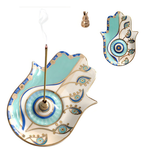 Soporte De Incienso De Mano Hamsa De Cerámica Color Azul Claro Estilo