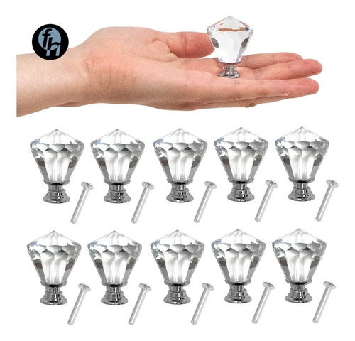 10 Perillas Jaladera De Cristal Forma Diamante Conica 30mm