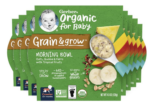 Gerber Up Age Organic Grain & Grow Tazón Matutino De Avena Cebada Y Quinua Roja Con Plátano Y Bayas De Verano 8 Count (pack Of 1)