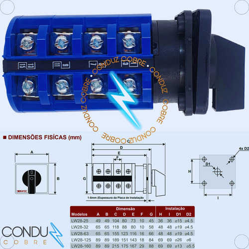 Chave Comutadora 63a Tetrapolar Manual Rotativa 3 Posições