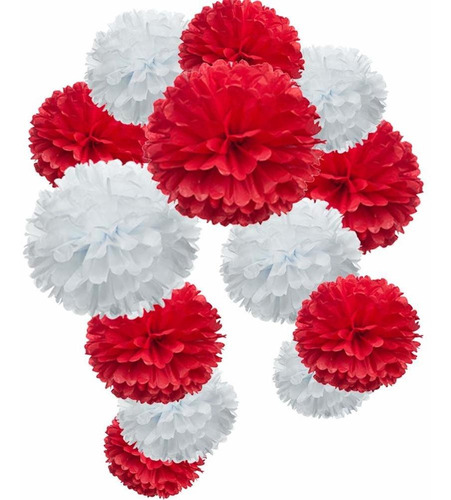 Papel Rojo Flor Tejido Pom Poms Partido Suministro Blanco