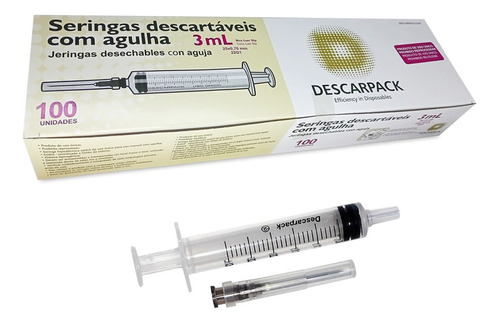 Seringa 3ml Luer Slip Com Agulha 25x7 Caixa C/ 100 Unidades