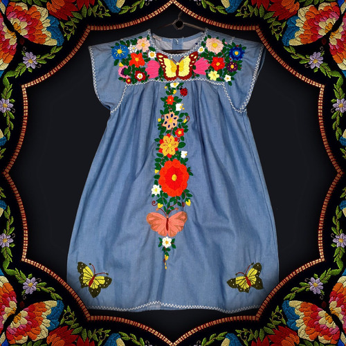 Vestido 8 Anos Bordado A Mao Floral Em Jeans Algodão 