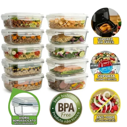 Kit 10 Potes Hermeticos De Vidro 370ml Retangular Com Tampa Hermetica 4 Travas Marmita Fitness Freezer Cozinha Mantimentos Pitia