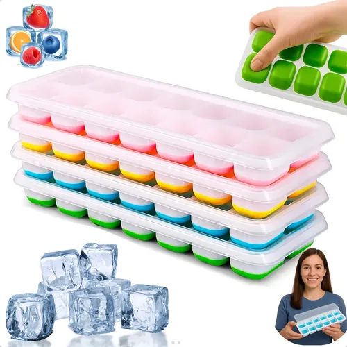 Kit 4 Forma De Gelo Fundo Silicone 14 Cubos Tampa Rígida​ Verde, Azul, Amarelo E Rosa