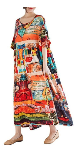 Vintage Plus Size Loose Dress With Graffiti Print
