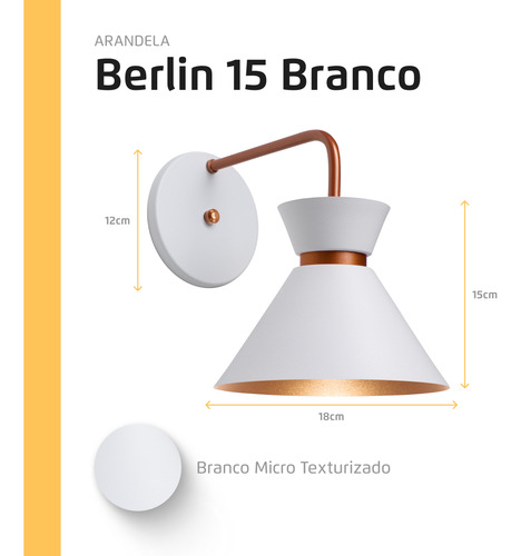 Kit 3 Arandela Parede Berlin 15cm Branco C/ Cobre