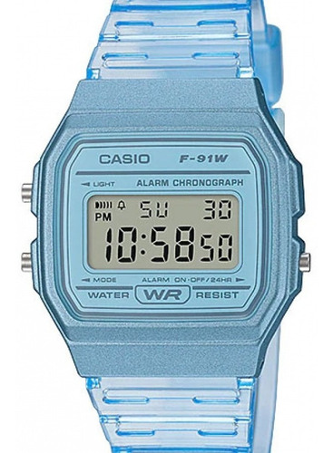 Relógio Casio Feminino Vintage Digital Cores F-91ws-2df Correia Azul Bisel Azul Fundo Cinza