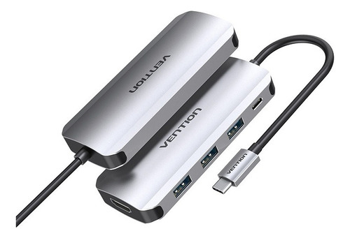 Hub USB Multipuerto Vention 5 en 1 Usb C A HDMI 3 Puertos Usb 3.0 Power delivery USB C 100W 4K 30Hz Carcasa Aluminio 15 CM Premium Para Teclado Disco rigido Mac Laptop THFHB color plateado