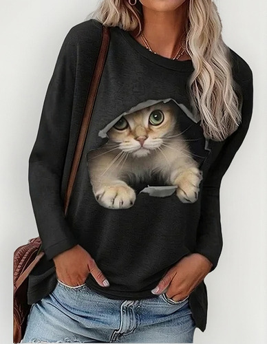 Playera De Cuello Redondo Con Estampado De Gatos Para Mujer