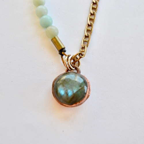 Imagen 3 de 6 de Collar Piedras Labradorita Y Amazonitas, Cadena Bronce, Cod1