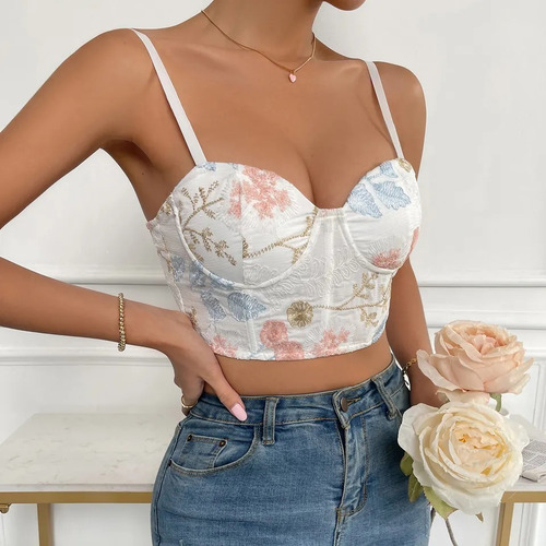 Top Corto Tipo Corset Bustier Tirantes Floral Sexy Delicado