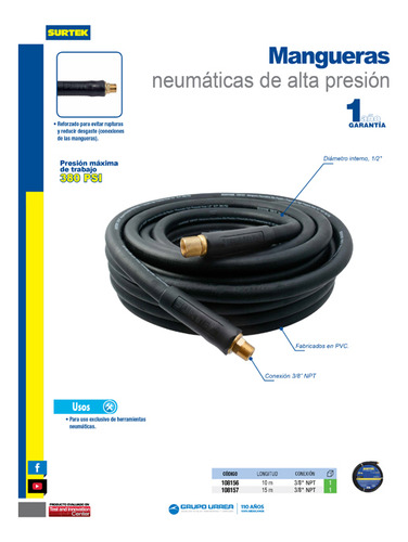 Manguera Neumática De Alta Presión 380 Psi, 15 Metros Surtek