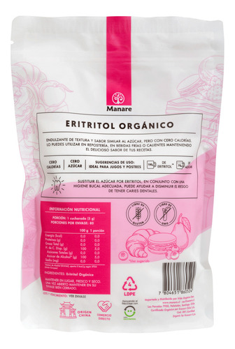 Eritritol Orgánico 100% Puro Manare 400 G Andina Grains