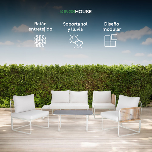 Juego De Sala L sunset ratán Sofá Seccional Para Exterior Jardín Color Natura Con cojines Y Mesa De Centro 5 piezas Mueble De Patio Terraza Balcón Kingshouse