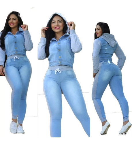 Conjunto Jeans Feminino Calça E Jaqueta Com Moletom Barato