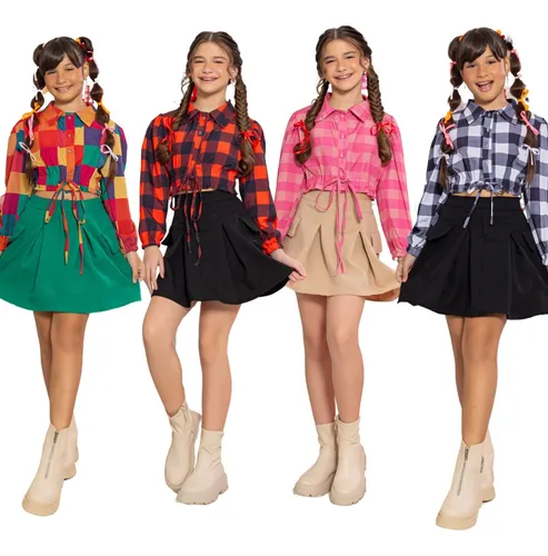 Conjunto Infantil Menina Festa Junina Camisa Xadrez Moda