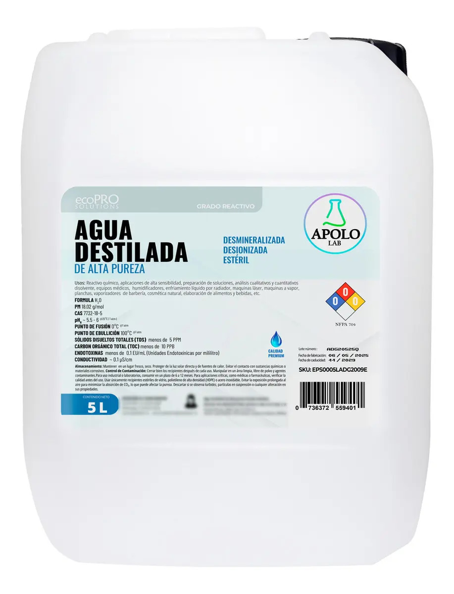 Agua Destilada De Alta Pureza Desmineralizada, Desionizada, Certificada, Esteril 5 Litros