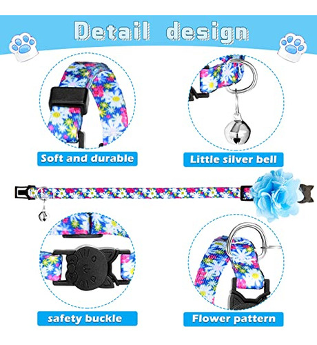Collar Gato 4 Pcs Con Flor Y Campana, Ajustable Para Fiesta