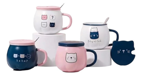 X4 Taza Cat Cute Mug Con Tapa Y Cuchara Gato Kawaii Mk134