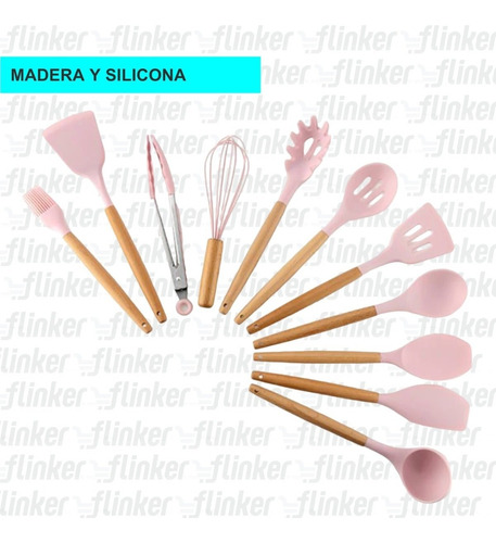 Imagen 4 de 10 de Kit X12 Utensillos Cocina Set Premium Silicona Y Madera