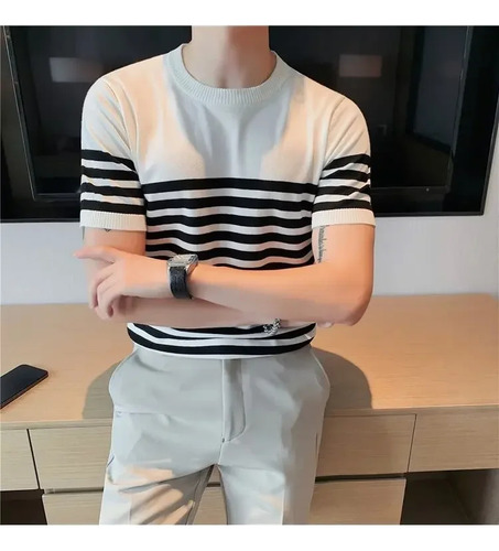 Camiseta De Manga Corta De Punto A Rayas Para Hombre - Top M