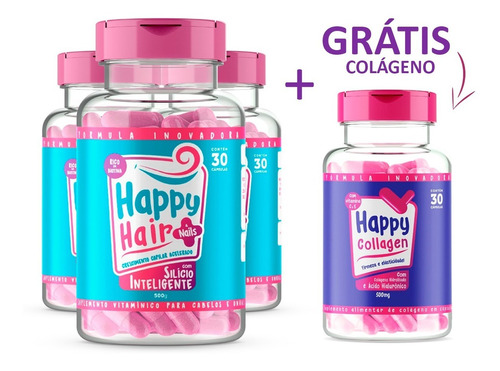 3x Happy Hair + Grátis Colágeno Com Ácido Hialurônico