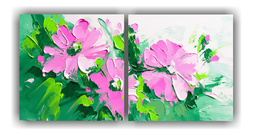 80x40cm Cuadros Abstractos Originales Flores Verdes Y Magent